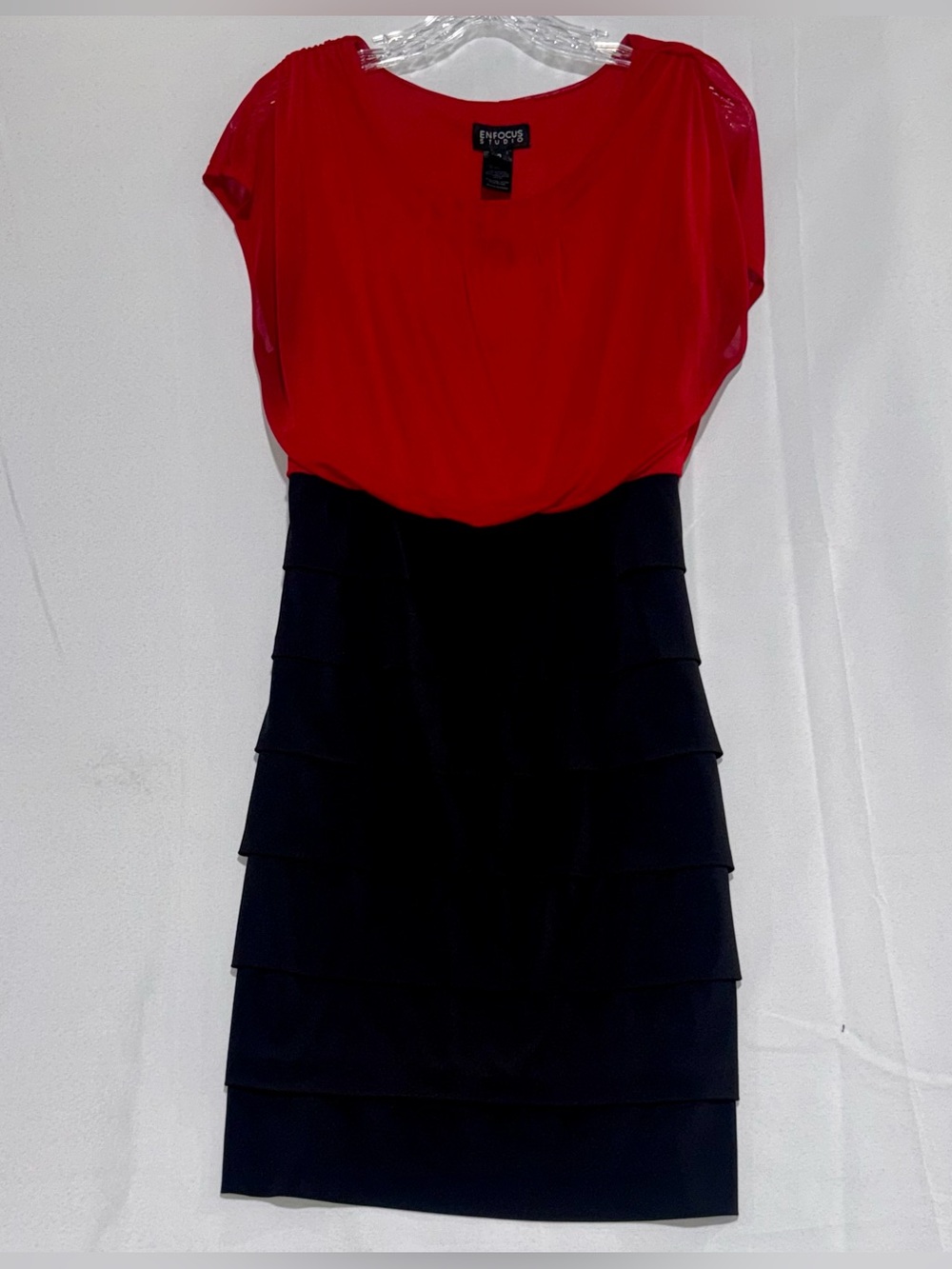 Enfocus Studio Red and Black Tiered Midi Dress